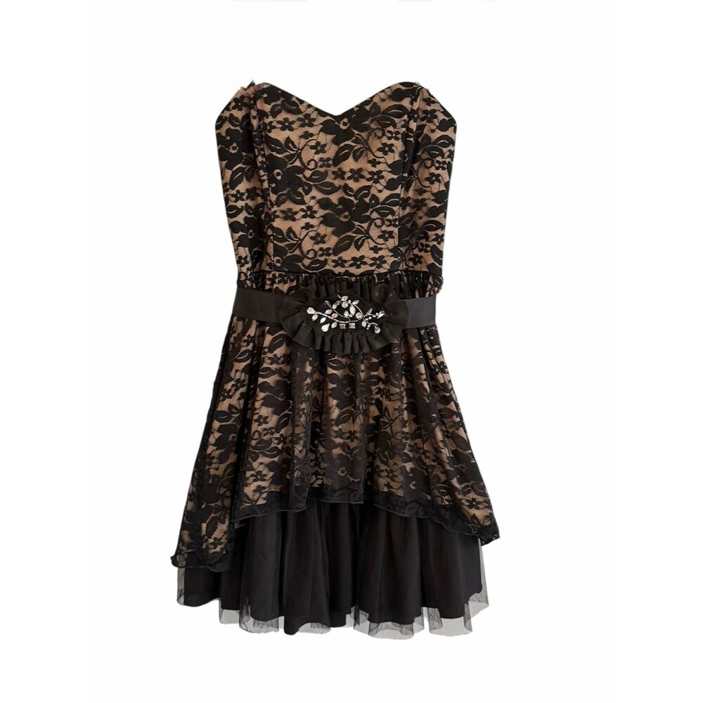 B Wear Whimsigoth Black Floral Lace Cocktail Dress Size 5 Strapless Formal HOCO